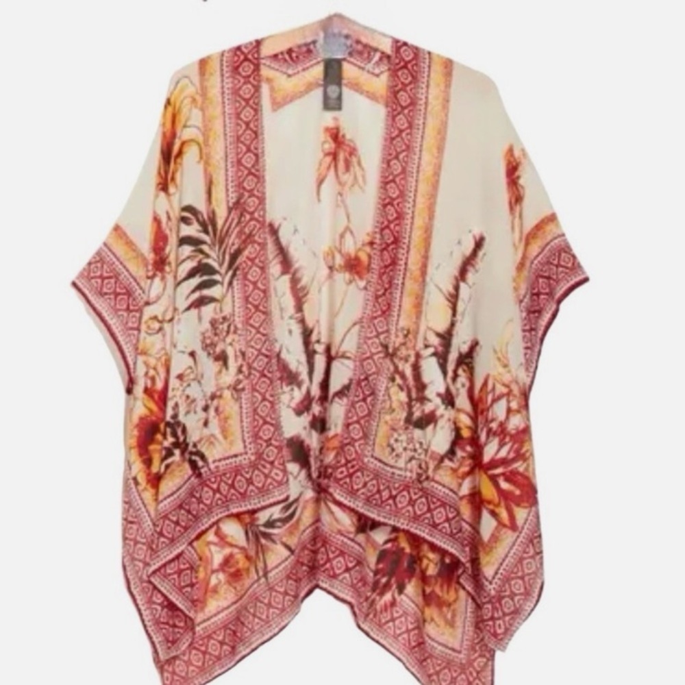 Vince Camuto Tropical Blooms Floral Kimono with Red and Cream OS